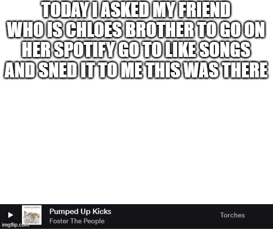 TODAY I ASKED MY FRIEND WHO IS CHLOES BROTHER TO GO ON HER SPOTIFY GO TO LIKE SONGS AND SNED IT TO ME THIS WAS THERE | image tagged in blank white template | made w/ Imgflip meme maker