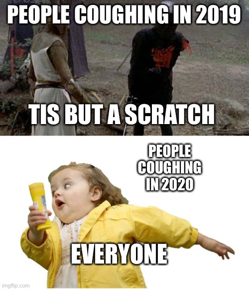 Coughing in 2020 | PEOPLE COUGHING IN 2019; TIS BUT A SCRATCH; PEOPLE COUGHING IN 2020; EVERYONE | image tagged in tis but a scratch,girl runing away,covid-19,running,coughing | made w/ Imgflip meme maker