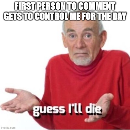 I'm bored | FIRST PERSON TO COMMENT GETS TO CONTROL ME FOR THE DAY | image tagged in guess i'll die | made w/ Imgflip meme maker