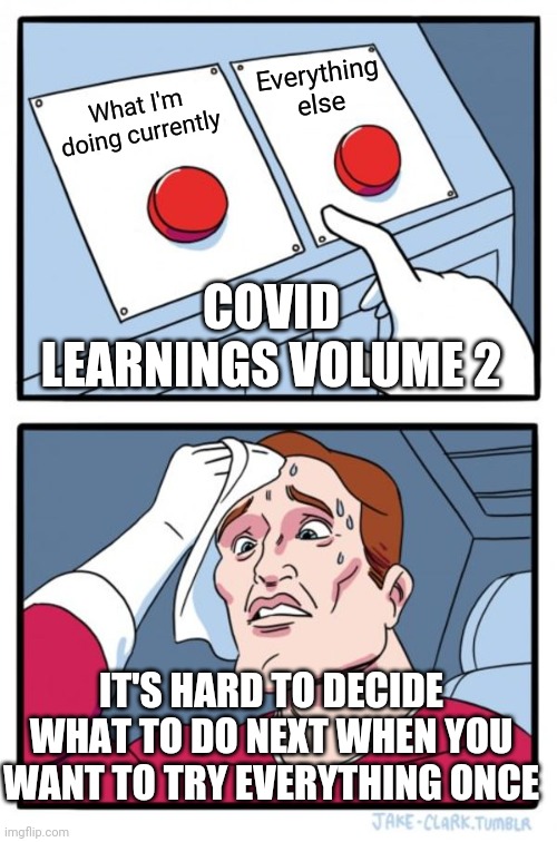 COVID Learnings Volume 2 | Everything else; What I'm doing currently; COVID LEARNINGS VOLUME 2; IT'S HARD TO DECIDE WHAT TO DO NEXT WHEN YOU WANT TO TRY EVERYTHING ONCE | image tagged in memes,two buttons,wisdom | made w/ Imgflip meme maker
