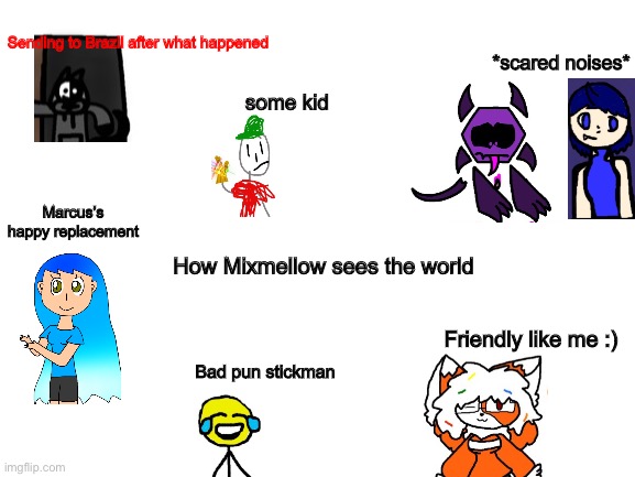 Here’s how Mixmellow sees the world (couldn’t fit everyone in) | Sending to Brazil after what happened; *scared noises*; some kid; Marcus’s happy replacement; How Mixmellow sees the world; Friendly like me :); Bad pun stickman | image tagged in blank white template,mixmellow | made w/ Imgflip meme maker
