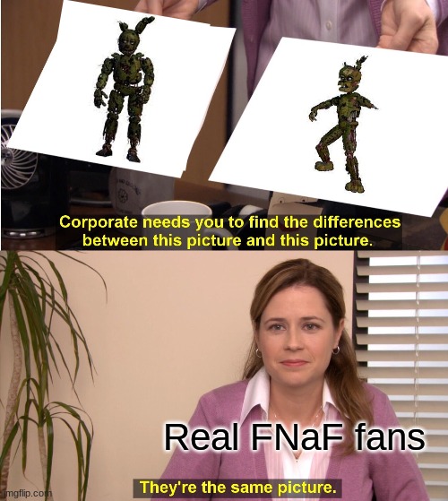 They're The Same Picture Meme | Real FNaF fans | image tagged in memes,fnaf,there the same picture,springtrap,fnaf 6,fnaf 3 | made w/ Imgflip meme maker