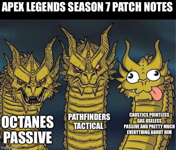Hydra | APEX LEGENDS SEASON 7 PATCH NOTES; PATHFINDERS TACTICAL; CAUSTICS POINTLESS GAS USELESS PASSIVE AND PRETTY MUCH EVERYTHING ABOUT HIM; OCTANES PASSIVE | image tagged in hydra | made w/ Imgflip meme maker