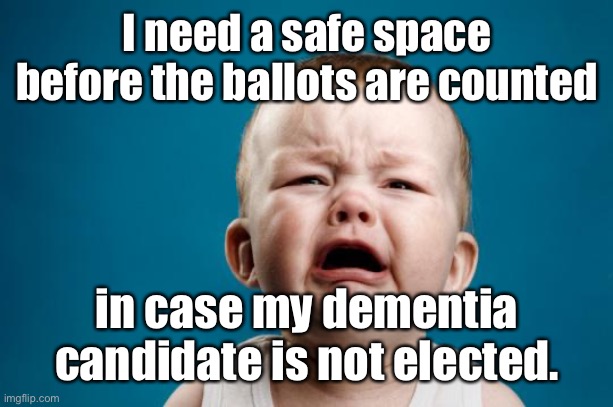 BABY CRYING | I need a safe space before the ballots are counted in case my dementia candidate is not elected. | image tagged in baby crying | made w/ Imgflip meme maker
