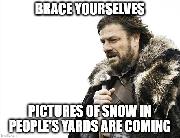 Pictures are Coming | BRACE YOURSELVES; PICTURES OF SNOW IN PEOPLE'S YARDS ARE COMING | image tagged in memes,brace yourselves x is coming | made w/ Imgflip meme maker
