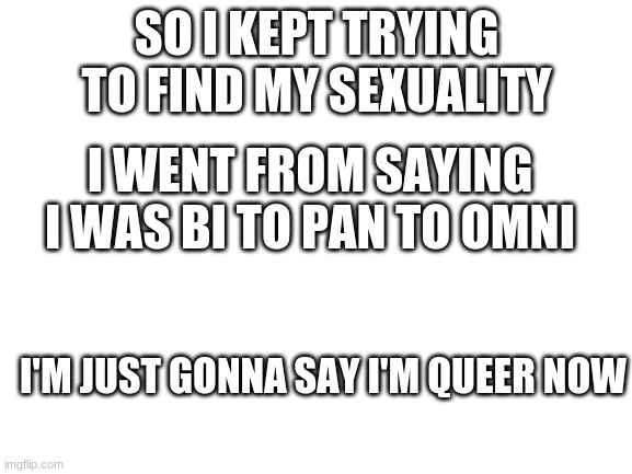 How do I tell my family I'm queer? | SO I KEPT TRYING TO FIND MY SEXUALITY; I WENT FROM SAYING I WAS BI TO PAN TO OMNI; I'M JUST GONNA SAY I'M QUEER NOW | image tagged in blank white template | made w/ Imgflip meme maker