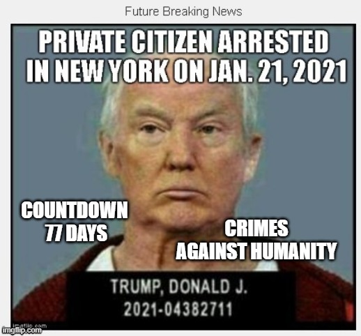 77 Days Until January 21, 2021 - COUNTDOWN In Progress - 100 Days Listing 100 Trump Crimes | CRIMES
AGAINST HUMANITY; COUNTDOWN 
77 DAYS | image tagged in countdown,treason,traitor,russian mafia,genocide,psychopath | made w/ Imgflip meme maker