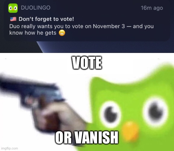 VOTE; OR VANISH | image tagged in duolingo gun | made w/ Imgflip meme maker