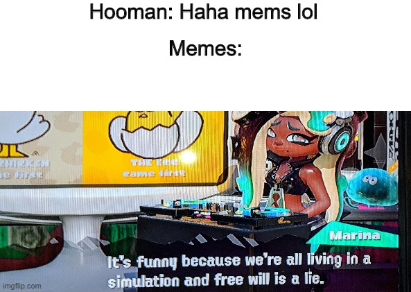 Original meme lol | Hooman: Haha mems lol; Memes: | image tagged in simulation,marina,splatoon,splatoon 2 | made w/ Imgflip meme maker