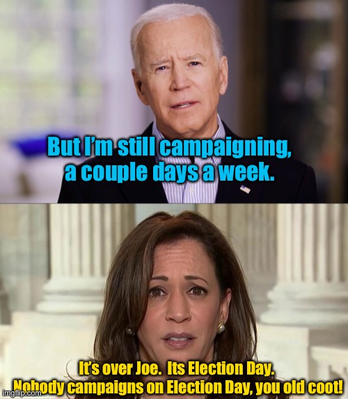 Too bad he didn’t campaign more BEFORE the election! | But I’m still campaigning, a couple days a week. It’s over Joe.  Its Election Day.  Nobody campaigns on Election Day, you old coot! | image tagged in joe biden 2020,kamala harris,campaigning,election day,finished | made w/ Imgflip meme maker