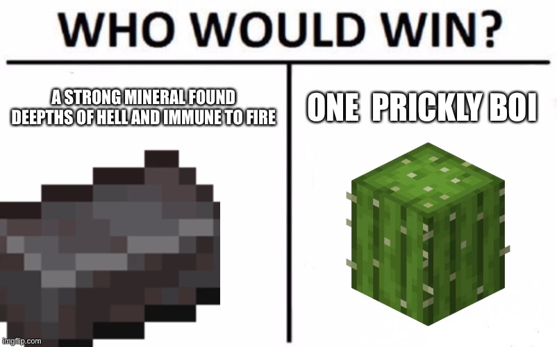 Who Would Win? Meme | A STRONG MINERAL FOUND DEEPTHS OF HELL AND IMMUNE TO FIRE; ONE  PRICKLY BOI | image tagged in memes,who would win | made w/ Imgflip meme maker