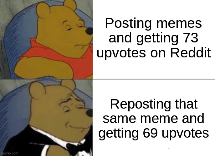 Tuxedo Winnie The Pooh Meme | Posting memes and getting 73 upvotes on Reddit; Reposting that same meme and getting 69 upvotes | image tagged in memes,tuxedo winnie the pooh | made w/ Imgflip meme maker