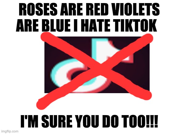 I HATE TIKTOK I HATE TIKTOK I HATE TIKTOK I HATE TIKTOK I HATE TIKTOK  I HATE TIKTOK I HATE TIKTOK I HATE TIKTOK I HATE TIKTOK I | ROSES ARE RED VIOLETS ARE BLUE I HATE TIKTOK; I'M SURE YOU DO TOO!!! | image tagged in blank white template | made w/ Imgflip meme maker