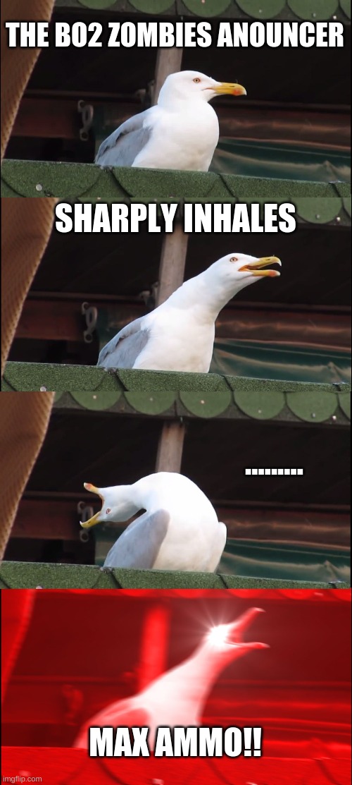 fr doe it do be like dat | THE BO2 ZOMBIES ANOUNCER; SHARPLY INHALES; ......... MAX AMMO!! | image tagged in memes,inhaling seagull | made w/ Imgflip meme maker