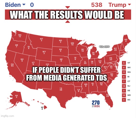 Election 2020 Results | WHAT THE RESULTS WOULD BE; @get_rogered; IF PEOPLE DIDN’T SUFFER FROM MEDIA GENERATED TDS | image tagged in election 2020 results | made w/ Imgflip meme maker