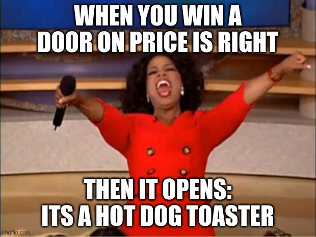 Oprah You Get A | WHEN YOU WIN A DOOR ON PRICE IS RIGHT; THEN IT OPENS: ITS A HOT DOG TOASTER | image tagged in memes,oprah you get a | made w/ Imgflip meme maker