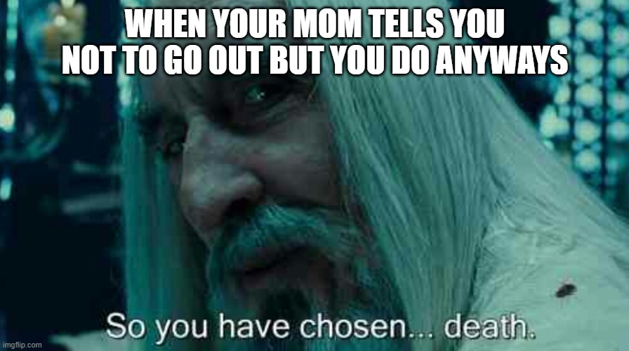 So you have chosen death | WHEN YOUR MOM TELLS YOU NOT TO GO OUT BUT YOU DO ANYWAYS | image tagged in so you have chosen death | made w/ Imgflip meme maker
