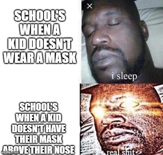 Im not wrong | SCHOOL'S WHEN A KID DOESN'T WEAR A MASK; SCHOOL'S WHEN A KID DOESN'T HAVE THEIR MASK ABOVE THEIR NOSE | image tagged in i sleep real shit,mask,school | made w/ Imgflip meme maker