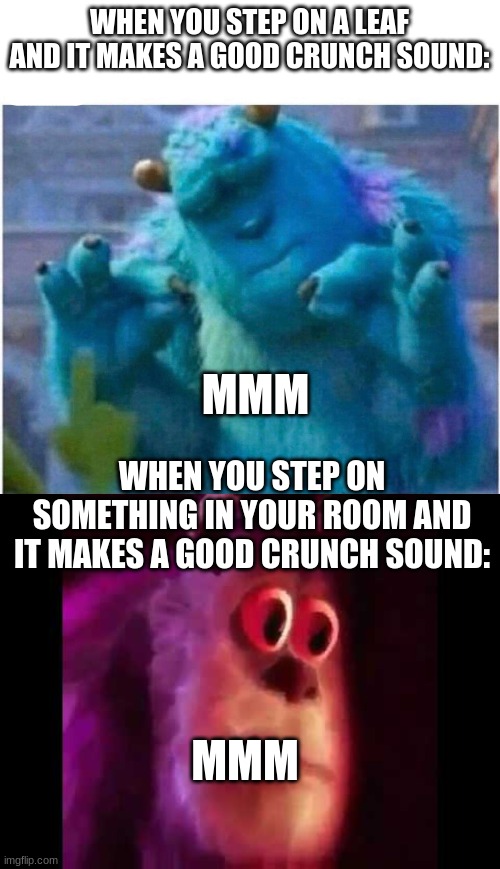 WHEN YOU STEP ON A LEAF AND IT MAKES A GOOD CRUNCH SOUND:; MMM; WHEN YOU STEP ON SOMETHING IN YOUR ROOM AND IT MAKES A GOOD CRUNCH SOUND:; MMM | image tagged in pleased sulley,sully groan | made w/ Imgflip meme maker