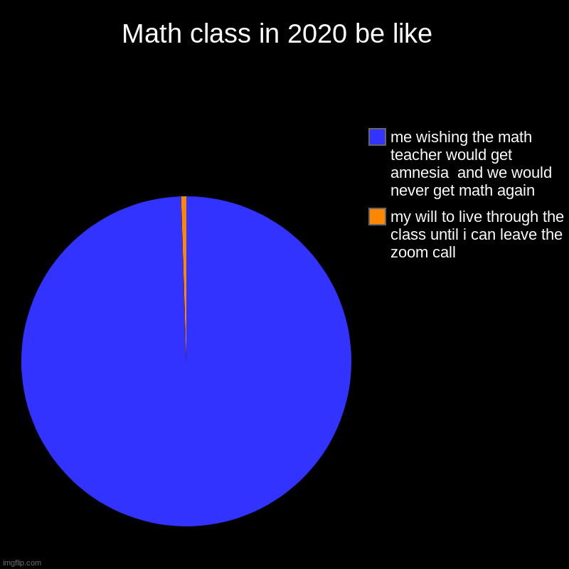 Math in 2020 is like | Math class in 2020 be like  | my will to live through the class until i can leave the zoom call, me wishing the math teacher would get amnes | image tagged in charts,pie charts | made w/ Imgflip chart maker