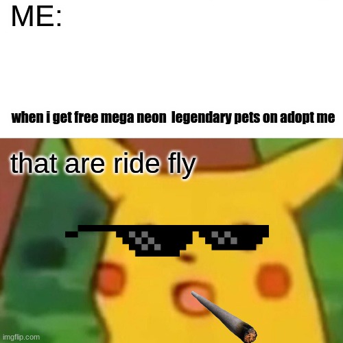 Surprised Pikachu | ME:; when i get free mega neon  legendary pets on adopt me; that are ride fly | image tagged in memes,surprised pikachu | made w/ Imgflip meme maker