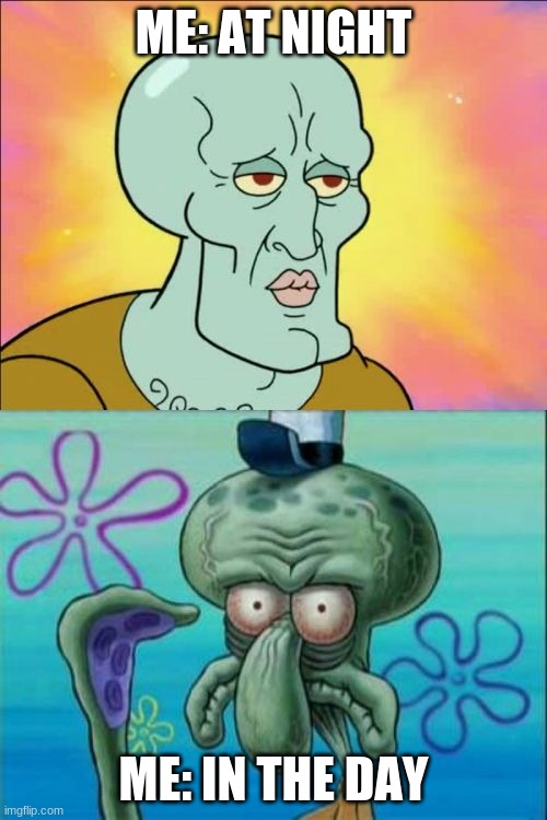 Squidward Meme | ME: AT NIGHT; ME: IN THE DAY | image tagged in memes,squidward | made w/ Imgflip meme maker