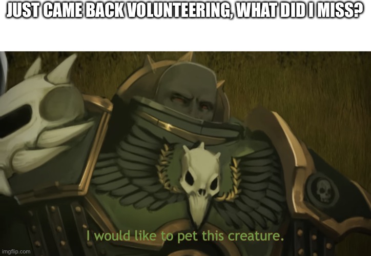 I would like to pet this creature | JUST CAME BACK VOLUNTEERING, WHAT DID I MISS? | image tagged in i would like to pet this creature | made w/ Imgflip meme maker