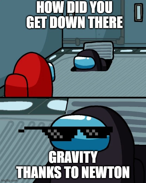 newtion | HOW DID YOU GET DOWN THERE; GRAVITY THANKS TO NEWTON | image tagged in impostor of the vent,school | made w/ Imgflip meme maker