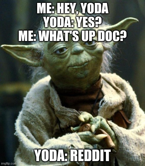 Star Wars Yoda | ME: HEY, YODA
YODA: YES?
ME: WHAT'S UP DOC? YODA: REDDIT | image tagged in memes,star wars yoda | made w/ Imgflip meme maker