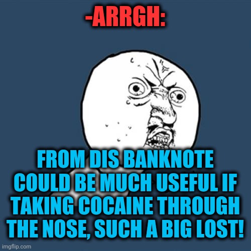 Y U No Meme | -ARRGH: FROM DIS BANKNOTE COULD BE MUCH USEFUL IF TAKING COCAINE THROUGH THE NOSE, SUCH A BIG LOST! | image tagged in memes,y u no | made w/ Imgflip meme maker