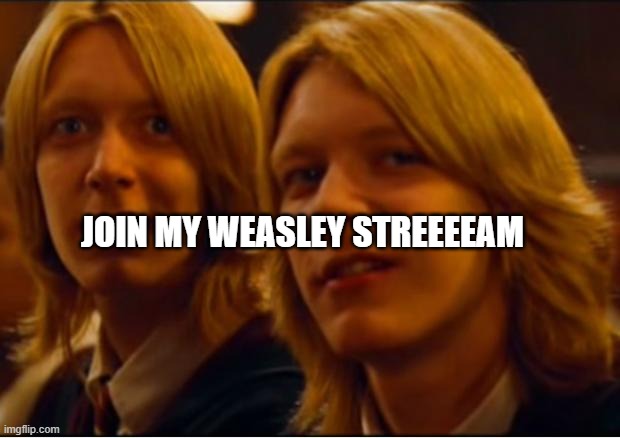 ... | JOIN MY WEASLEY STREEEEAM | image tagged in weasley twins | made w/ Imgflip meme maker