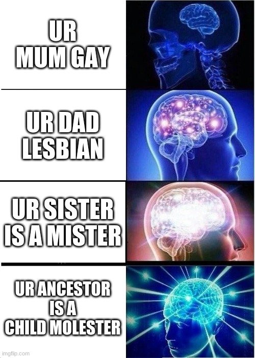 Expanding Brain | UR MUM GAY; UR DAD LESBIAN; UR SISTER IS A MISTER; UR ANCESTOR IS A CHILD MOLESTER | image tagged in memes,expanding brain | made w/ Imgflip meme maker