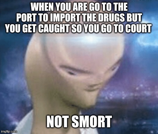 not smort | WHEN YOU ARE GO TO THE PORT TO IMPORT THE DRUGS BUT YOU GET CAUGHT SO YOU GO TO COURT; NOT SMORT | image tagged in smort | made w/ Imgflip meme maker