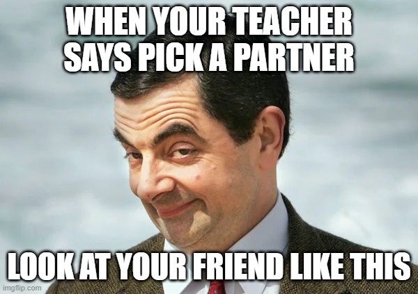 Look at yo friend like dis | WHEN YOUR TEACHER SAYS PICK A PARTNER; LOOK AT YOUR FRIEND LIKE THIS | image tagged in mr bean face | made w/ Imgflip meme maker