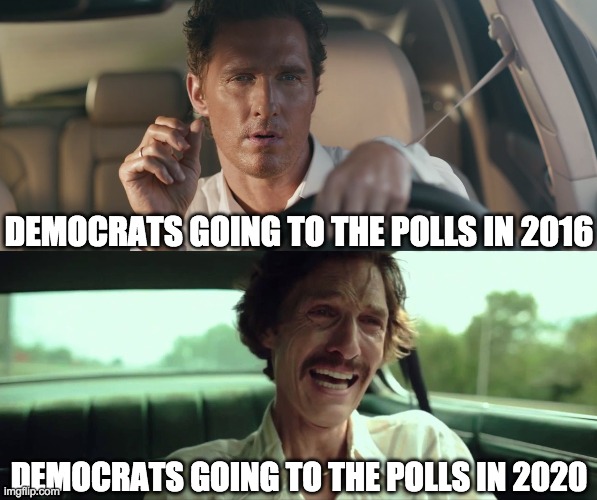 DEMOCRATS GOING TO THE POLLS IN 2016; DEMOCRATS GOING TO THE POLLS IN 2020 | image tagged in election 2020 | made w/ Imgflip meme maker