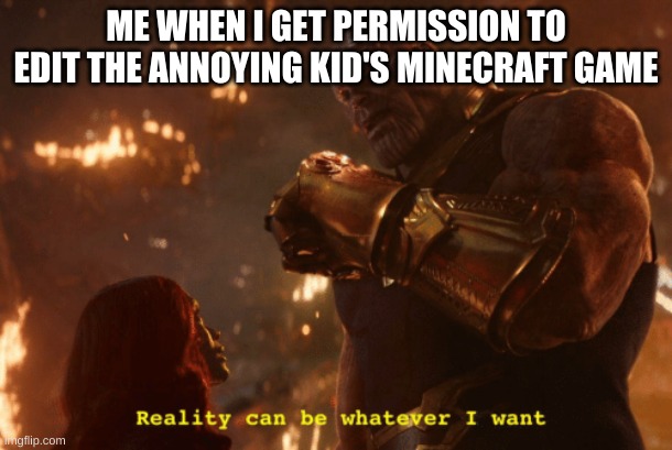 Thanos Reality can be whatever I want | ME WHEN I GET PERMISSION TO EDIT THE ANNOYING KID'S MINECRAFT GAME | image tagged in memes,thanos | made w/ Imgflip meme maker