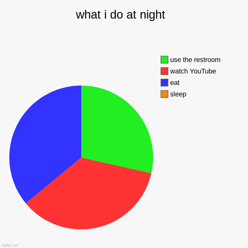what i do at night  | sleep , eat , watch YouTube , use the restroom | image tagged in charts,pie charts | made w/ Imgflip chart maker