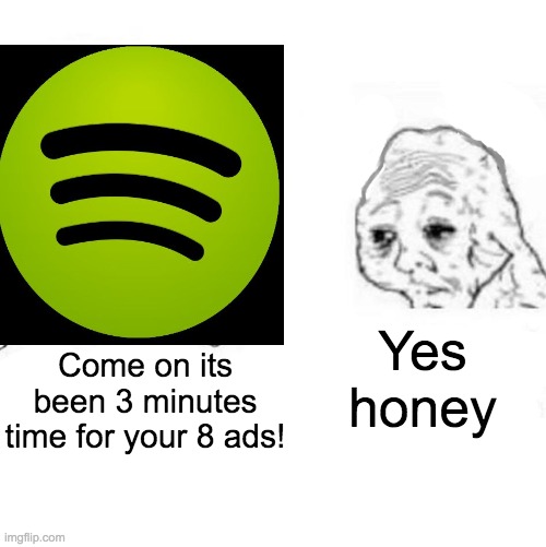 Yes honey; Come on its been 3 minutes time for your 8 ads! | image tagged in spotify | made w/ Imgflip meme maker