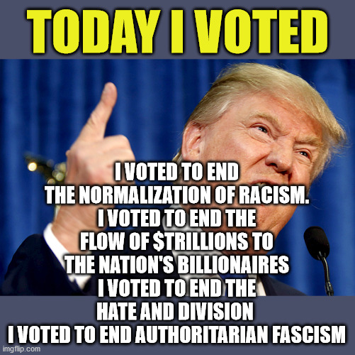 God Bless the United States of America. | TODAY I VOTED; I VOTED TO END THE NORMALIZATION OF RACISM.
I VOTED TO END THE FLOW OF $TRILLIONS TO THE NATION'S BILLIONAIRES
I VOTED TO END THE HATE AND DIVISION 
I VOTED TO END AUTHORITARIAN FASCISM | image tagged in donald trump,fascism,racism,oligarchy | made w/ Imgflip meme maker