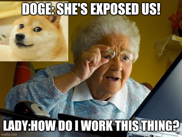 RUN | DOGE: SHE'S EXPOSED US! LADY:HOW DO I WORK THIS THING? | image tagged in memes,grandma finds the internet | made w/ Imgflip meme maker