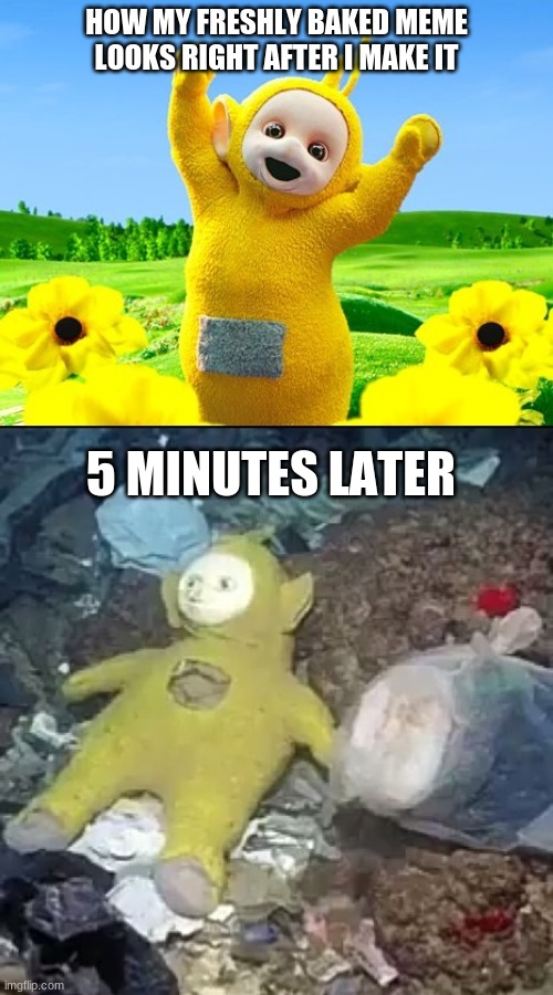 Teletubby before & after | HOW MY FRESHLY BAKED MEME LOOKS RIGHT AFTER I MAKE IT; 5 MINUTES LATER | image tagged in teletubby before after | made w/ Imgflip meme maker