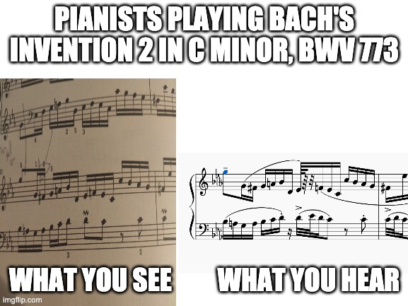 Pianists and Bach | PIANISTS PLAYING BACH'S INVENTION 2 IN C MINOR, BWV 773; WHAT YOU SEE         WHAT YOU HEAR | image tagged in blank white template | made w/ Imgflip meme maker