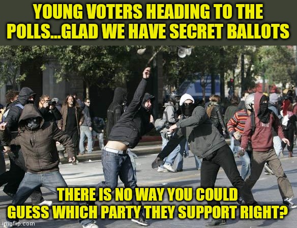 No way you could spot calm, rational Democrat voters in the 21st Century ehh? | YOUNG VOTERS HEADING TO THE POLLS...GLAD WE HAVE SECRET BALLOTS; THERE IS NO WAY YOU COULD GUESS WHICH PARTY THEY SUPPORT RIGHT? | image tagged in rioters,voters | made w/ Imgflip meme maker