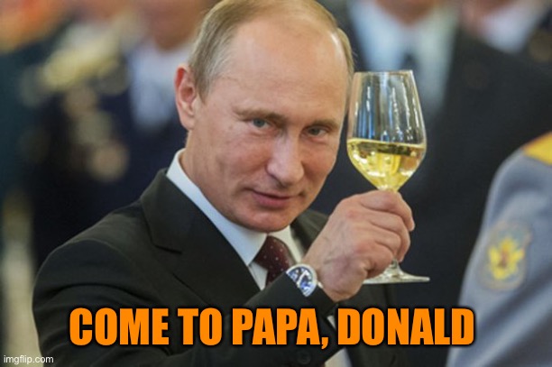 Putin Cheers | COME TO PAPA, DONALD | image tagged in putin cheers | made w/ Imgflip meme maker