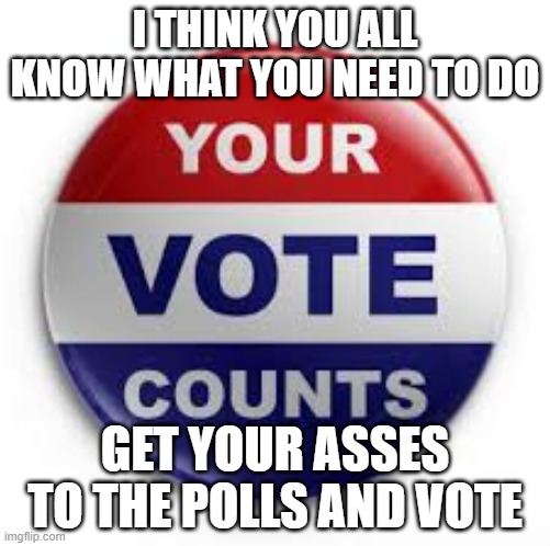 Vote | I THINK YOU ALL KNOW WHAT YOU NEED TO DO; GET YOUR ASSES TO THE POLLS AND VOTE | image tagged in vote | made w/ Imgflip meme maker