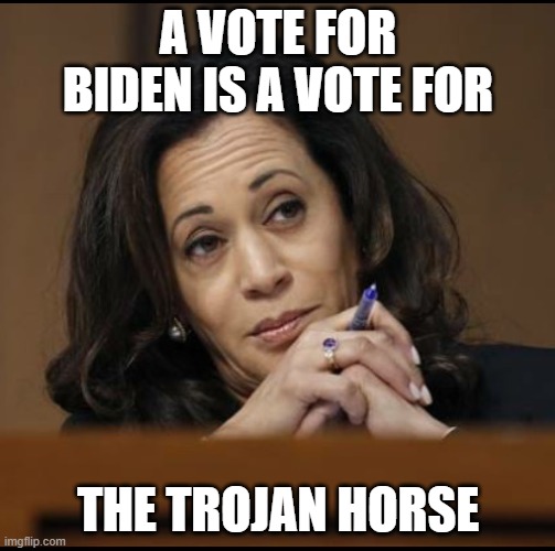TROJAN HORSE | A VOTE FOR BIDEN IS A VOTE FOR; THE TROJAN HORSE | image tagged in kamala harris | made w/ Imgflip meme maker