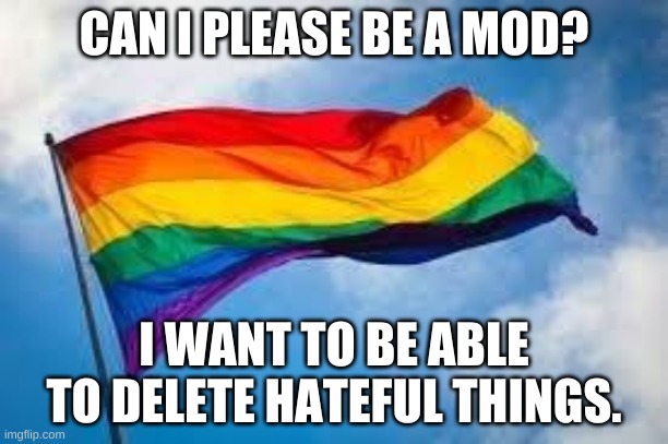 Rainbow flag | CAN I PLEASE BE A MOD? I WANT TO BE ABLE TO DELETE HATEFUL THINGS. | image tagged in rainbow flag | made w/ Imgflip meme maker