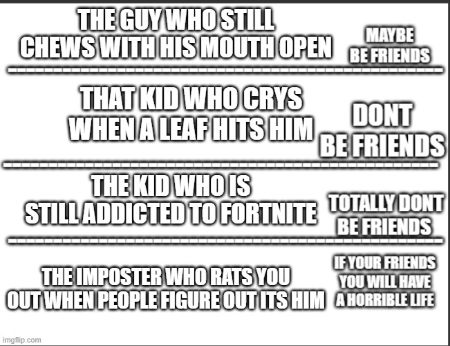dont be friends | THE GUY WHO STILL CHEWS WITH HIS MOUTH OPEN; THAT KID WHO CRYS WHEN A LEAF HITS HIM; THE KID WHO IS STILL ADDICTED TO FORTNITE; THE IMPOSTER WHO RATS YOU OUT WHEN PEOPLE FIGURE OUT ITS HIM | image tagged in dont be friends | made w/ Imgflip meme maker