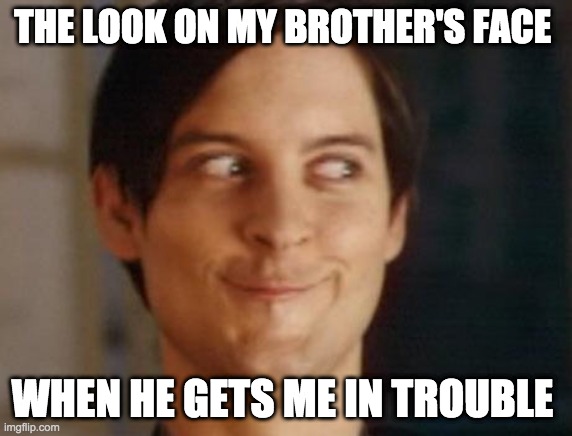 Spiderman Peter Parker | THE LOOK ON MY BROTHER'S FACE; WHEN HE GETS ME IN TROUBLE | image tagged in memes,spiderman peter parker | made w/ Imgflip meme maker