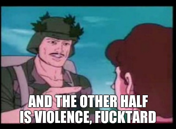 GI Joe PSA | AND THE OTHER HALF IS VIOLENCE, FUCKTARD | image tagged in gi joe psa | made w/ Imgflip meme maker